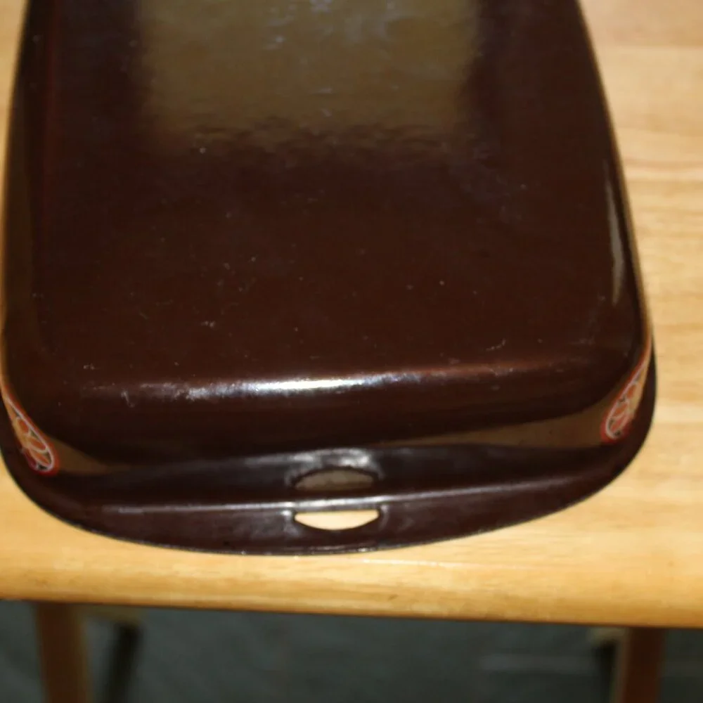 Vintage Brown Enamelware Baking Pan with White and Red Flower Pattern
